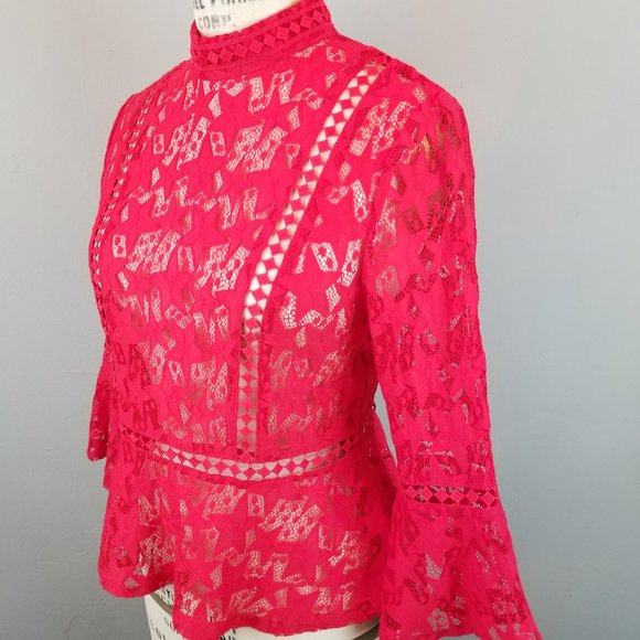 Minkpink Red Sheer Lace Blouse with Stars Flared Sleeves Women's Size Small - Picture 3 of 8